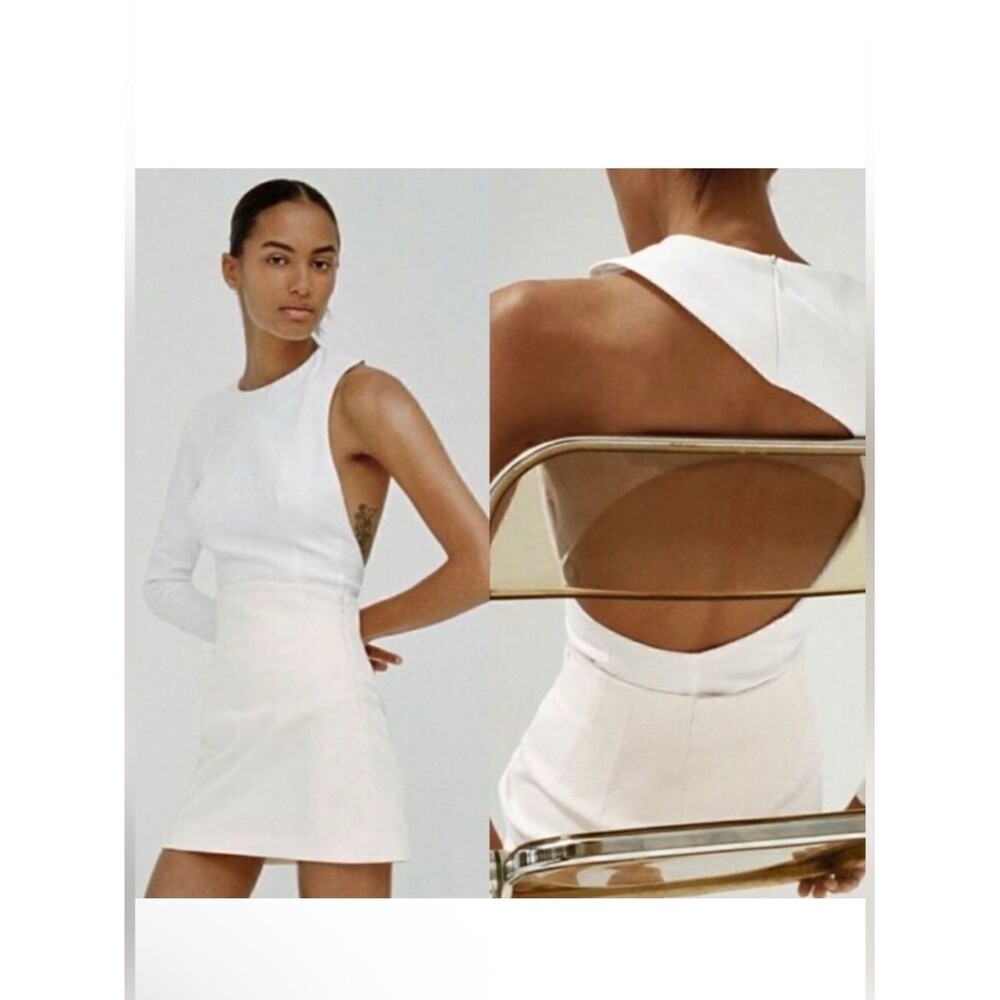 Zara Asymmetric one Sleeve Backless White Structure Bodysuit Large Minimalist